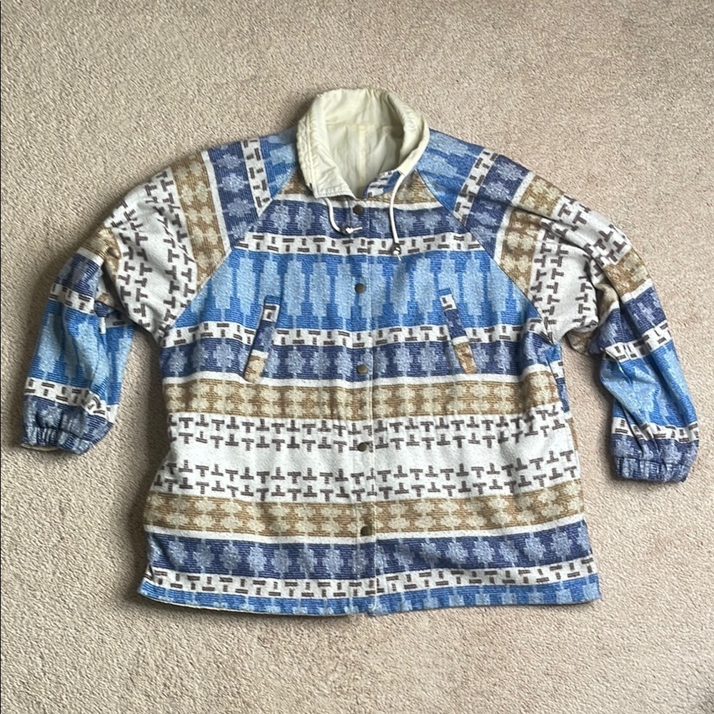 Reversible Geometric Patterned Jacket in Blue and Brown